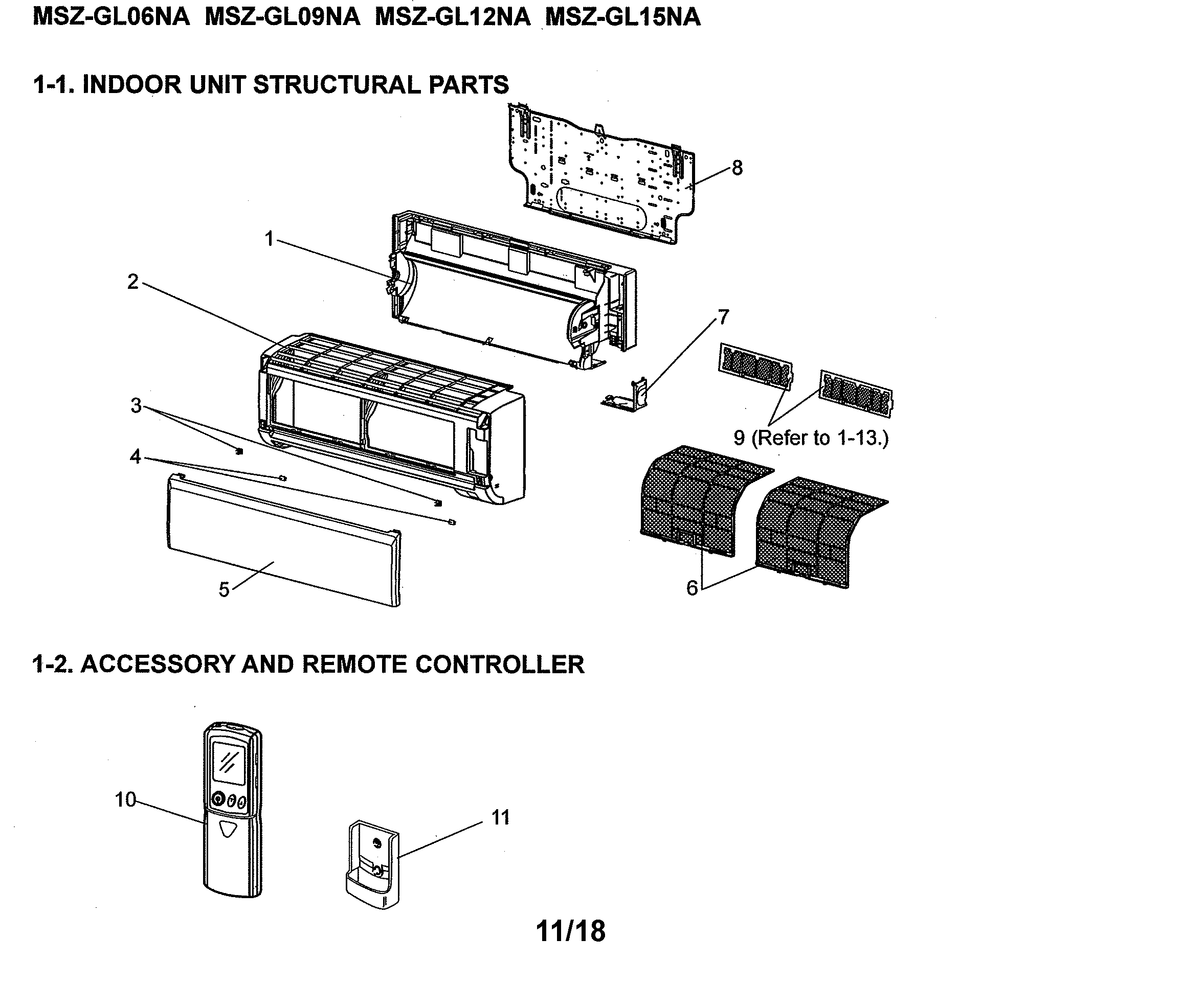 Mitsubishi MSZ-GL06NA-U1 indoor unit structural parts/accessory/remote diagram