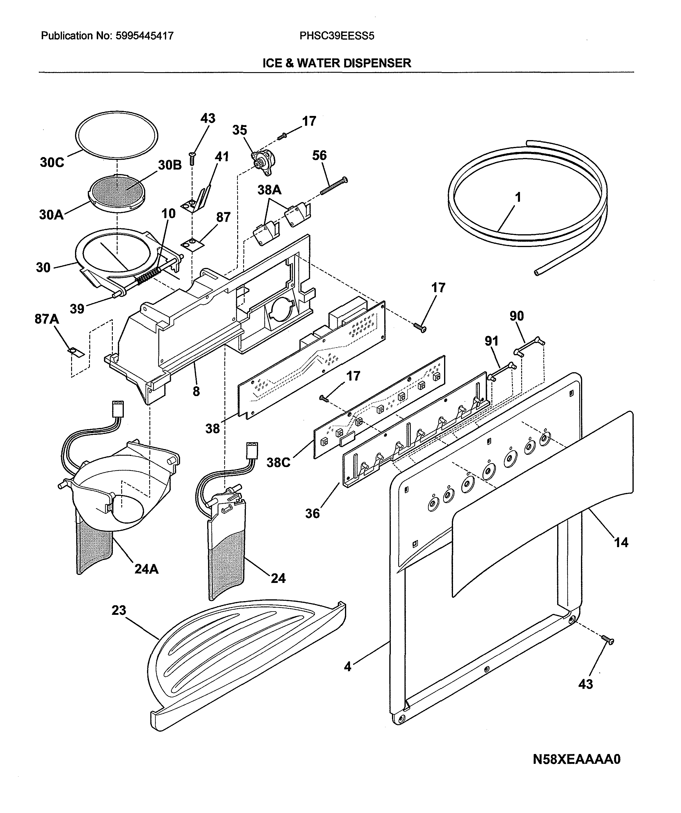 Frigidaire PHSC39EESS5 ice & water dispenser diagram
