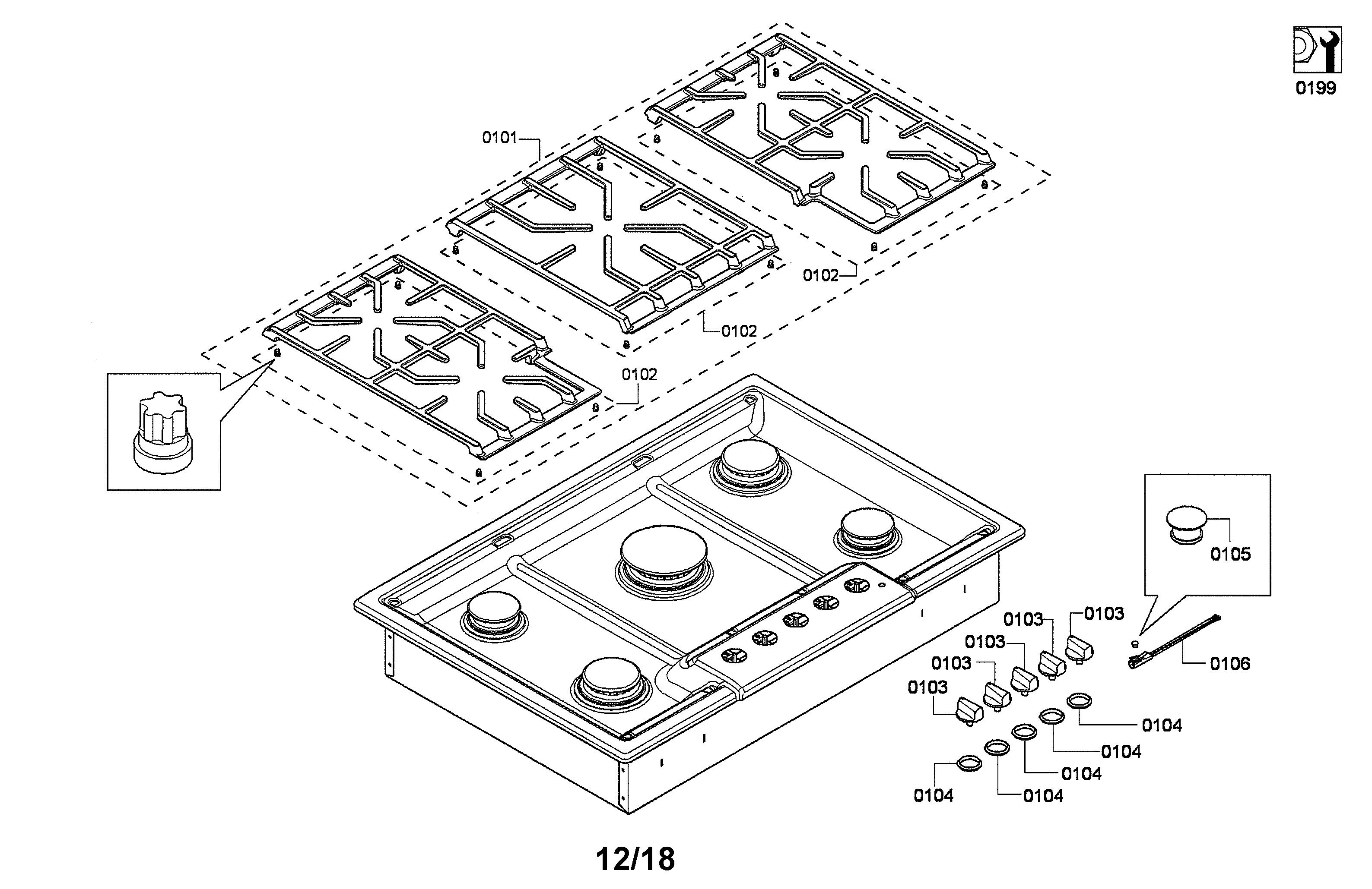 Bosch NGM8054UC/03 grates/knobs diagram