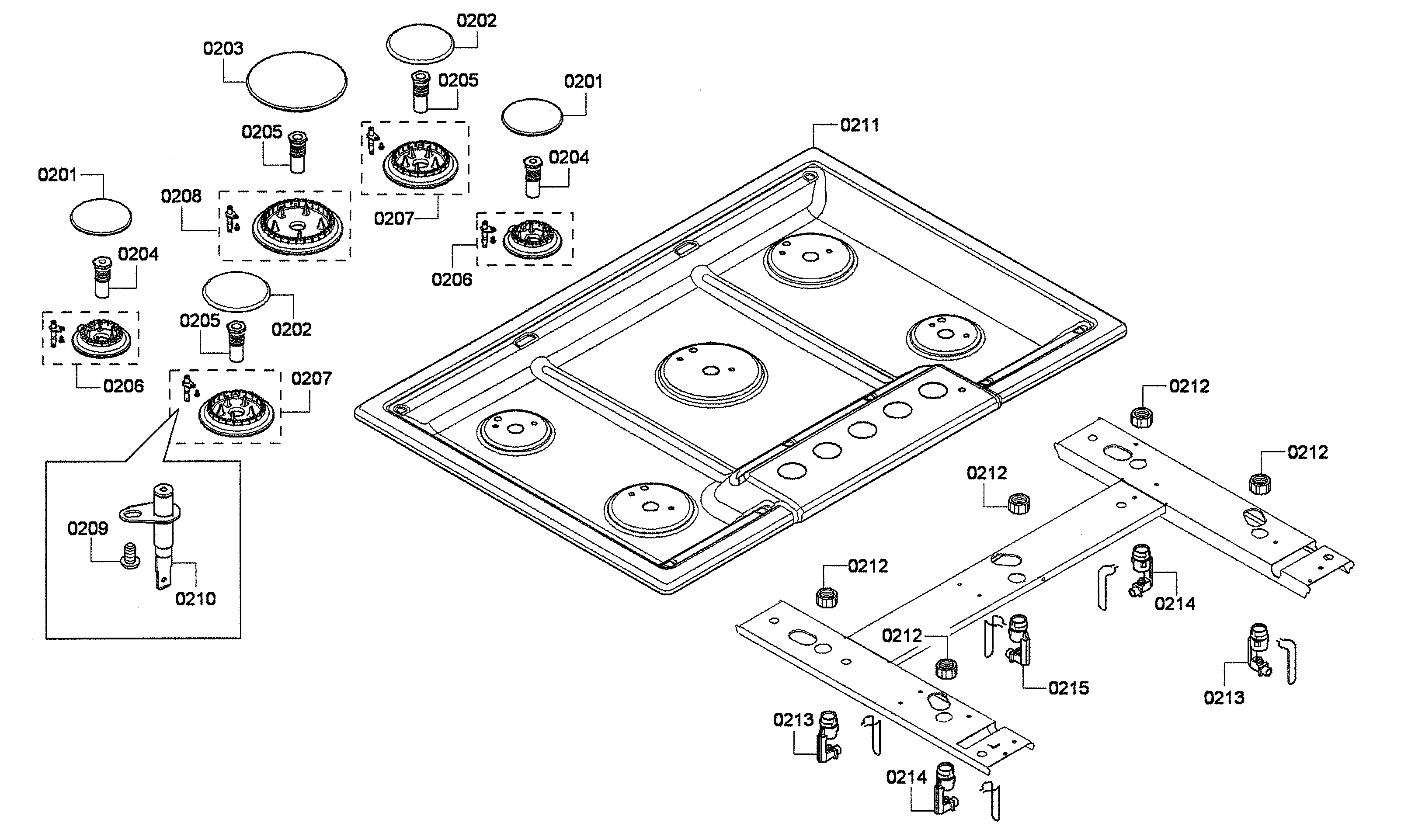 Bosch NGM8054UC/03 maintop/burner caps/jet holders diagram