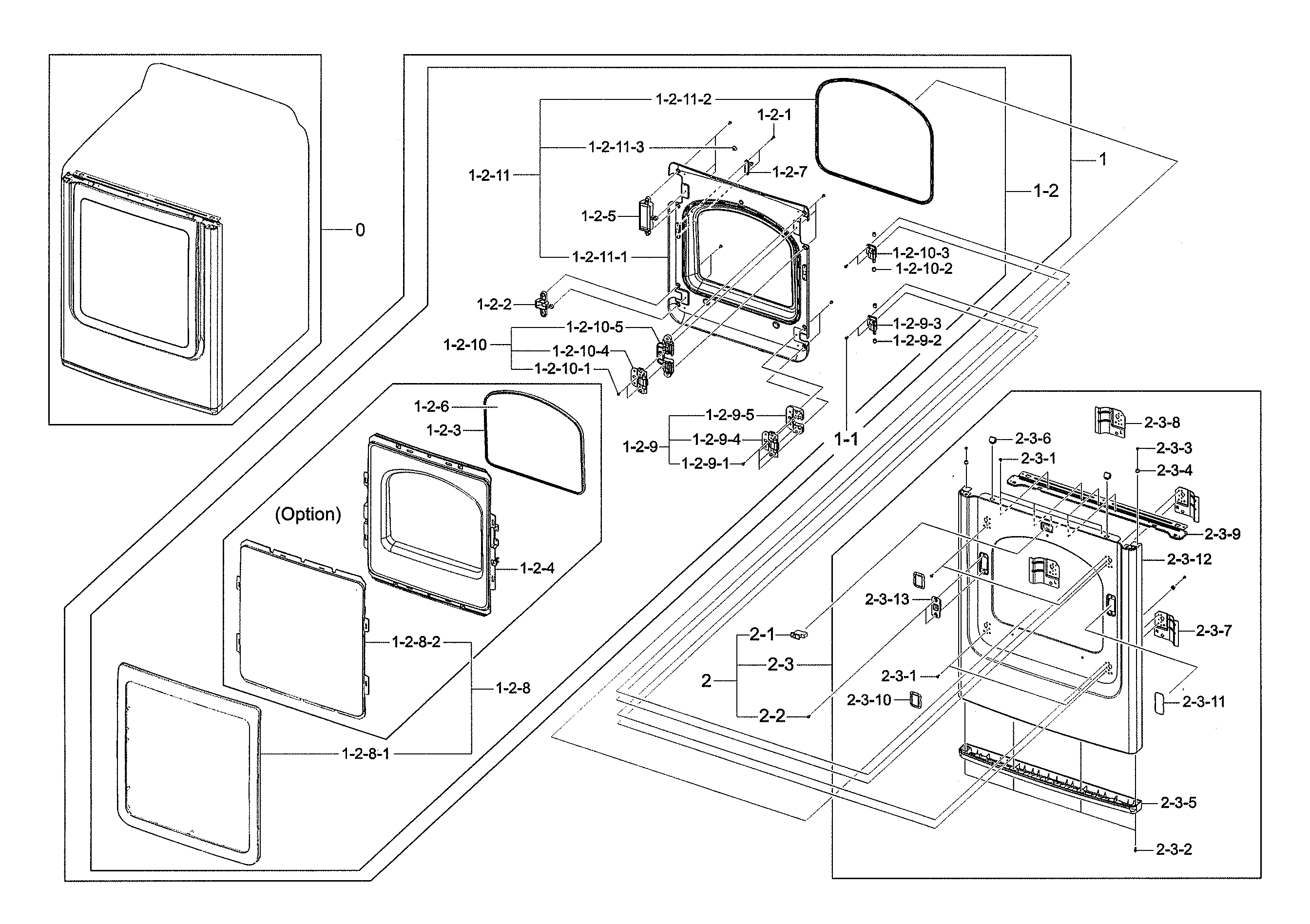 Samsung DVE50M7450W/A3-00 front frame & door diagram