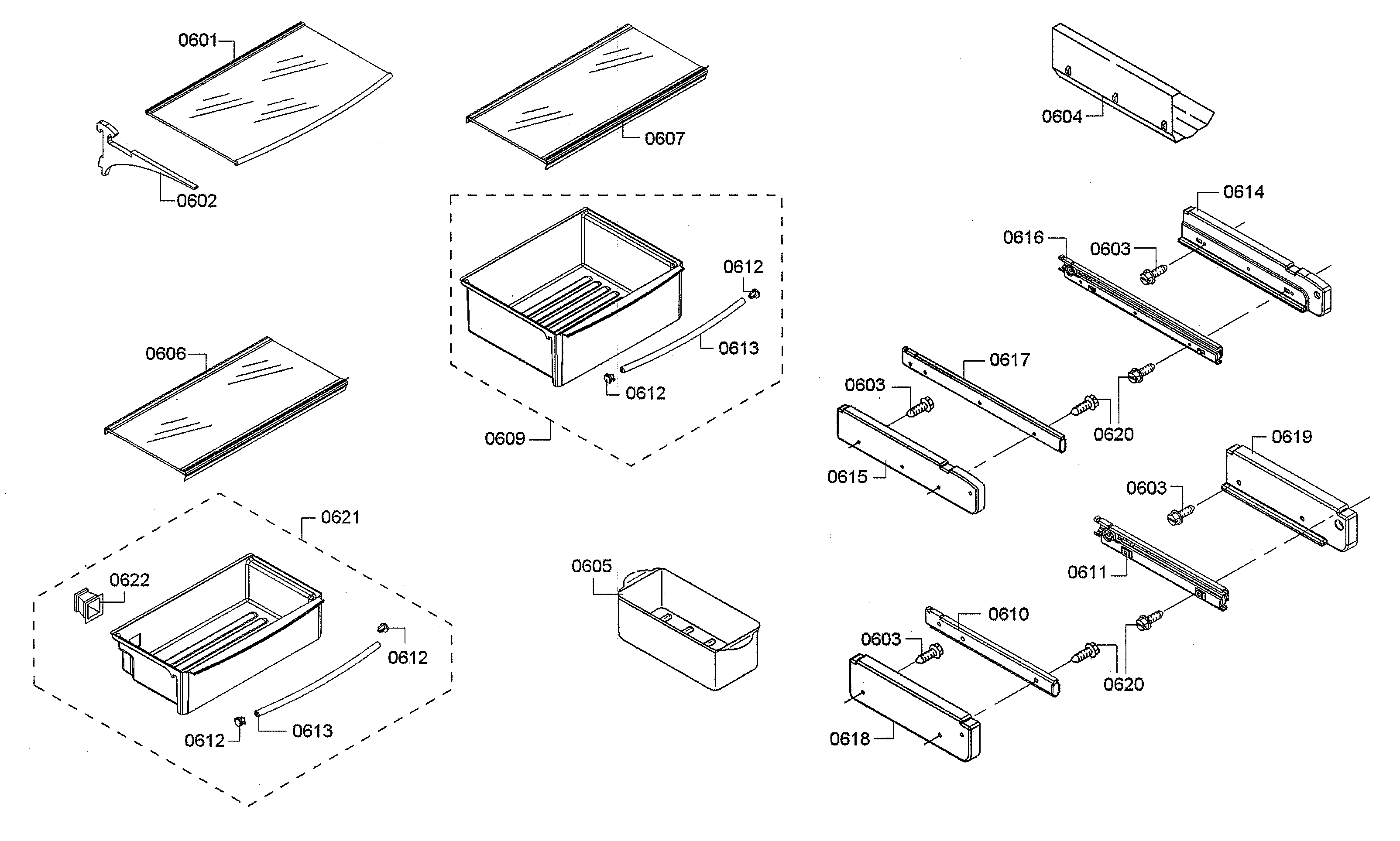 Thermador KBUIT4855E/06 crisper pans/shelves diagram