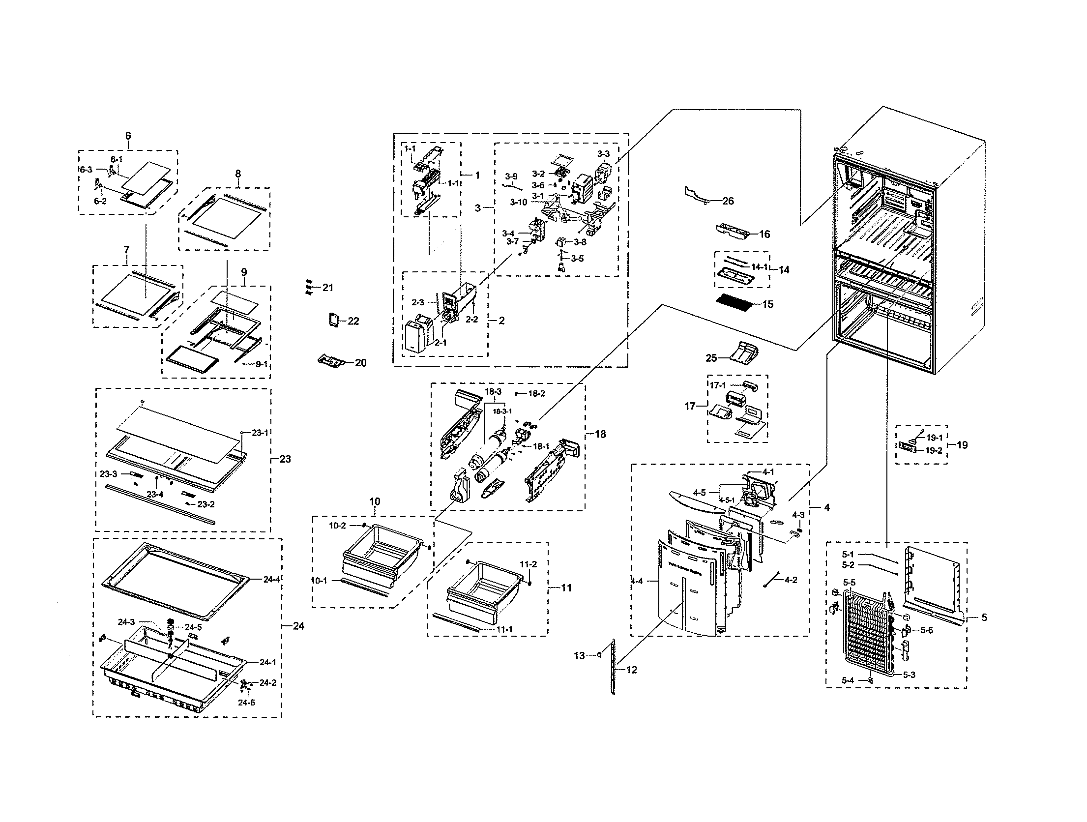 Samsung RF28R7351SG/AA-00 refrigerator shelves & drawers diagram