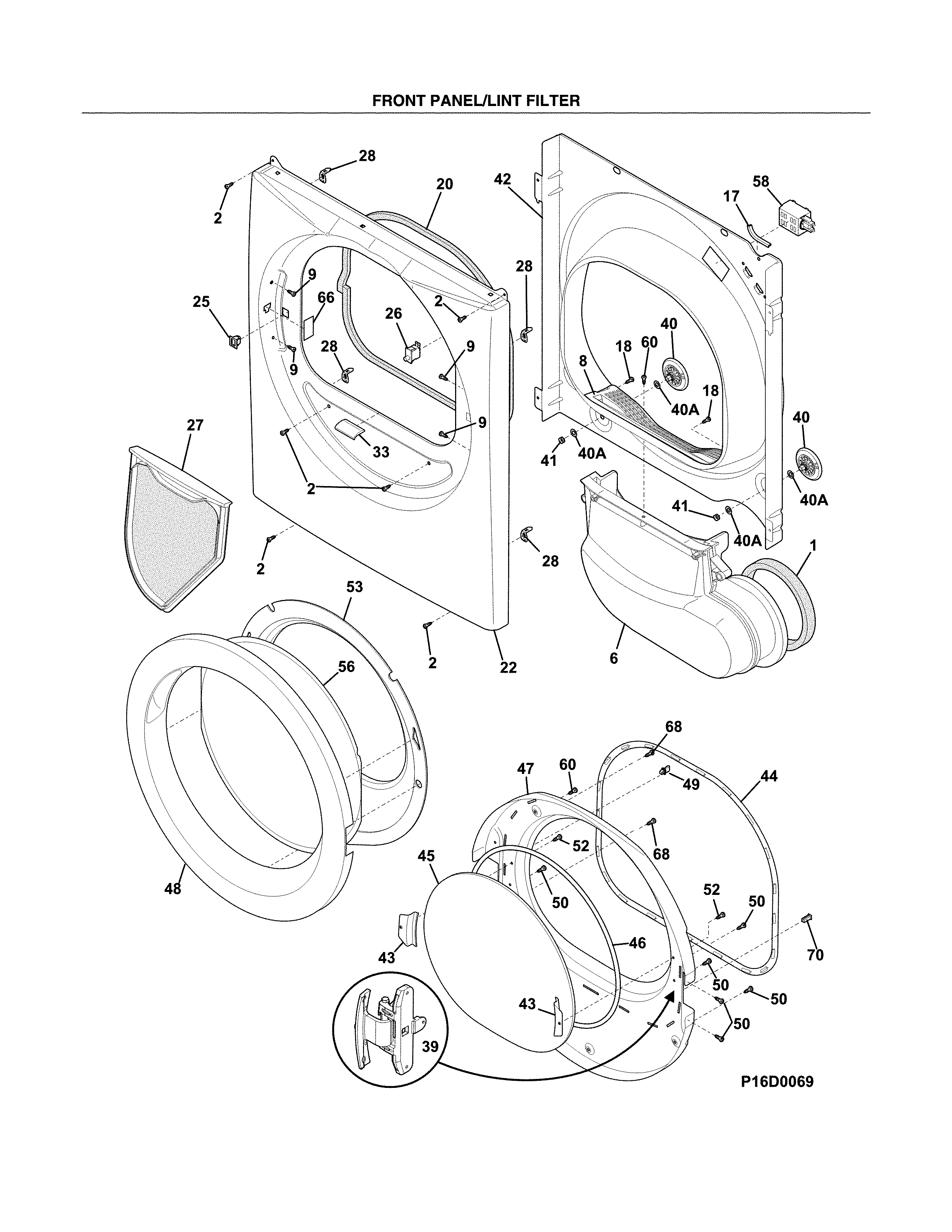 Frigidaire FAQE7111LW1 front panel/lint filter diagram