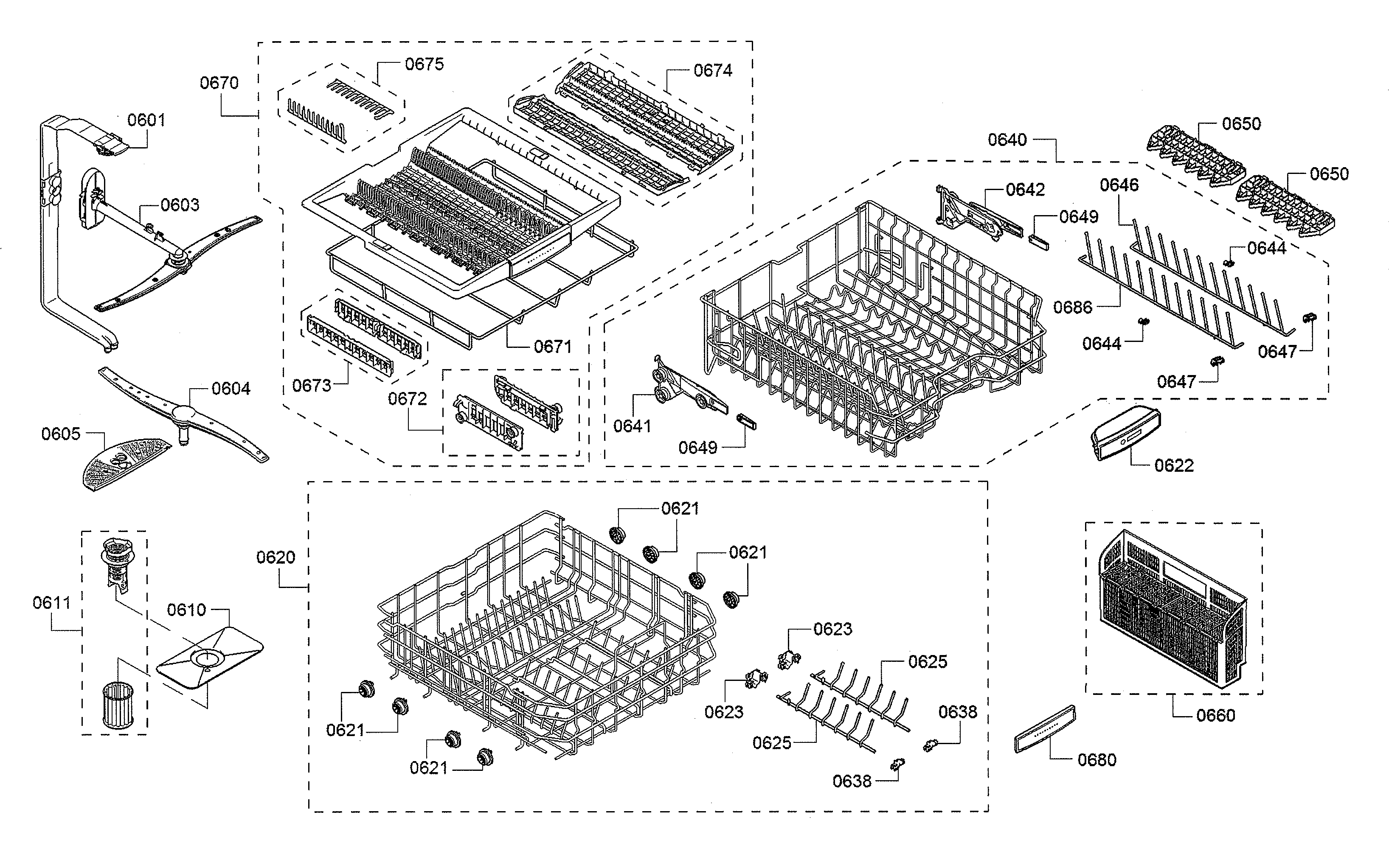 Bosch SHPM78W55N/10 spray arms/racks diagram