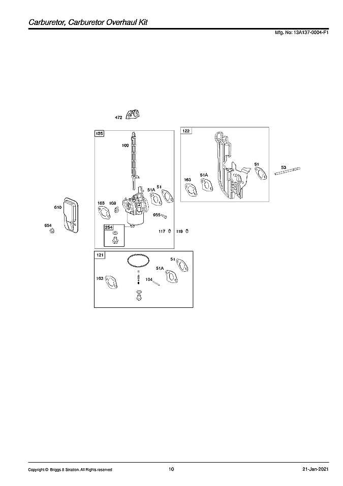Briggs & Stratton 13A137-0004-F1 carburetor/overhaul kit diagram