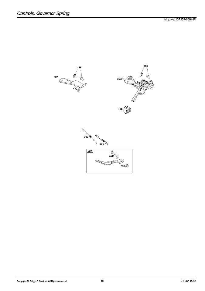 Briggs & Stratton 13A137-0004-F1 controls/governor spring diagram