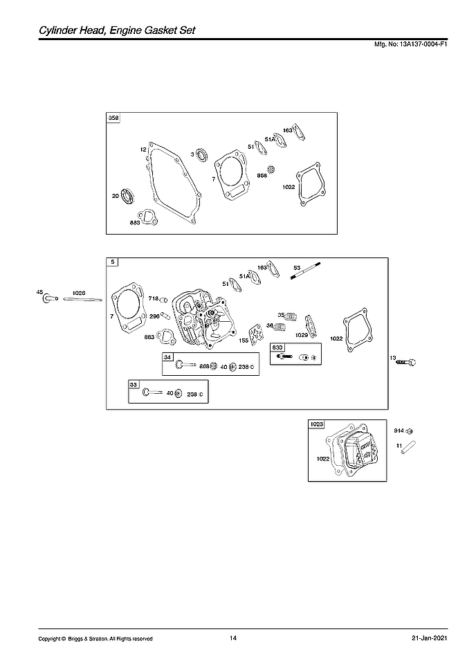 Briggs & Stratton 13A137-0004-F1 cylinder head/engine gasket set diagram