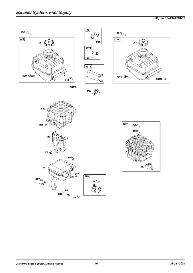Briggs & Stratton 13A137-0004-F1 exhaust system/fuel supply diagram