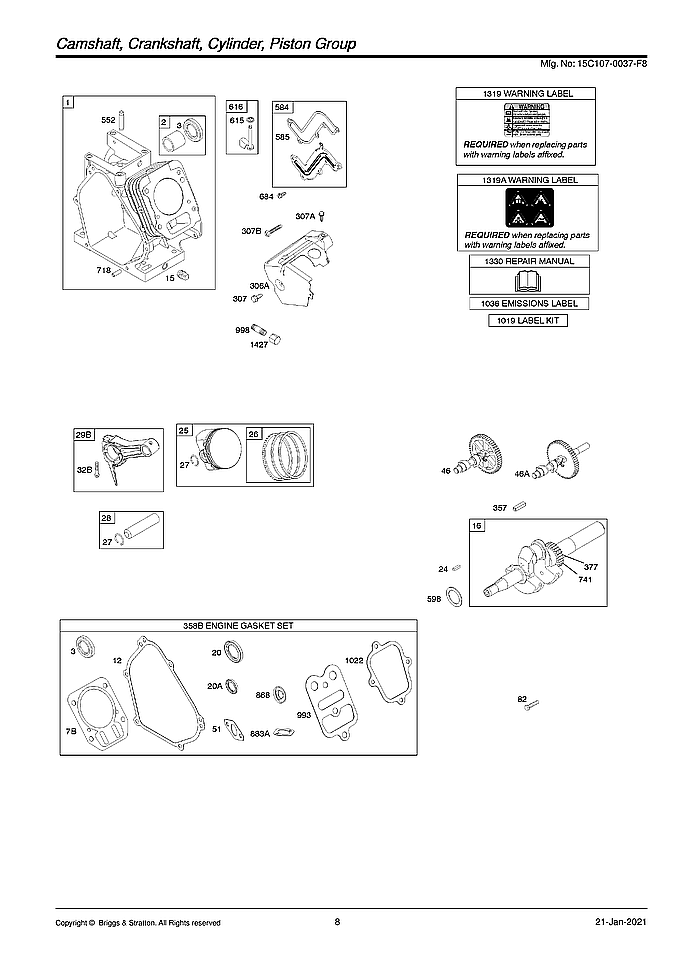 Briggs & Stratton 15C107-0037-F8 camshaft/crankshaft/cylinder diagram