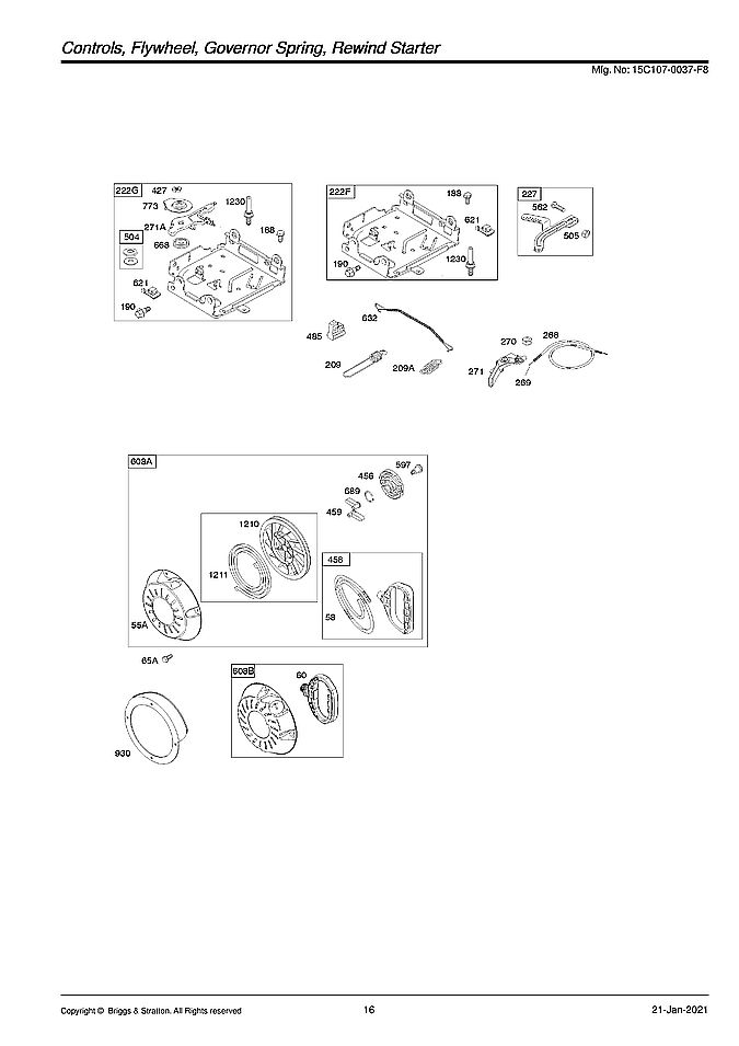 Briggs & Stratton 15C107-0037-F8 controls/flywheel/rewind starter diagram