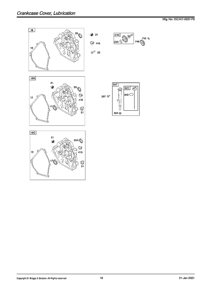 Briggs & Stratton 15C107-0037-F8 crankcase cover/lubrication diagram