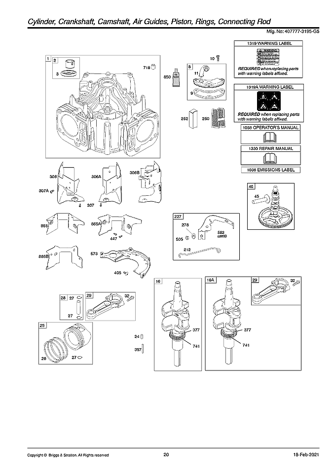 Briggs & Stratton 407777-3195-G5 cylinder/crankshaft/camshaft diagram