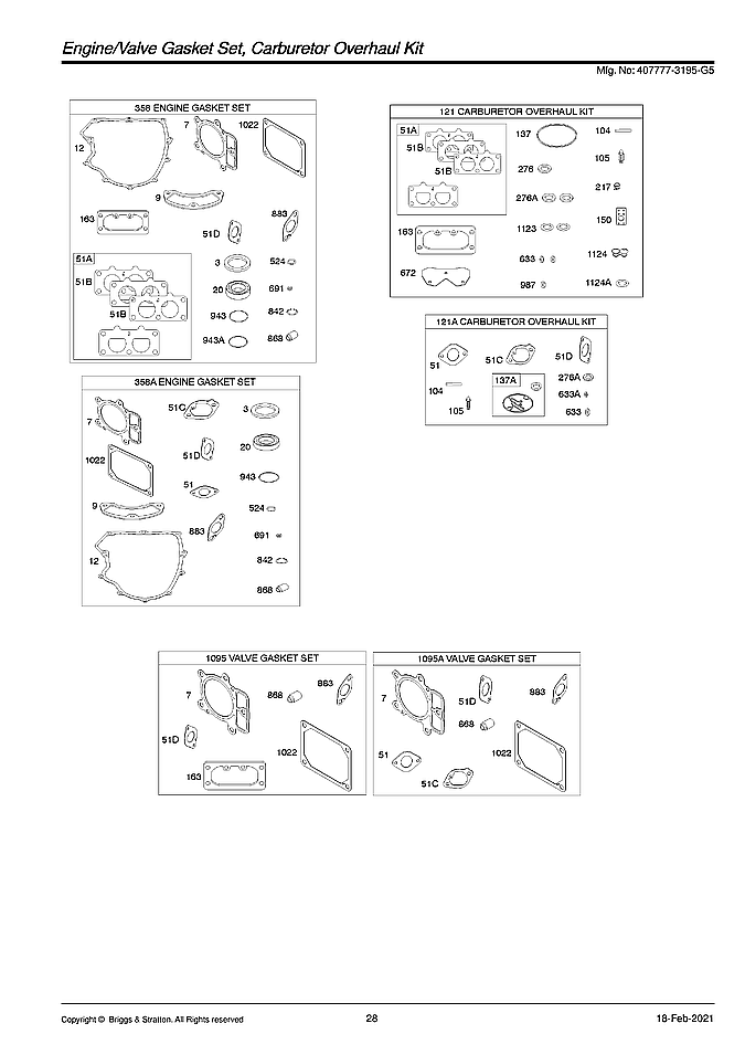 Briggs & Stratton 407777-3195-G5 engine & valve gasket sets diagram