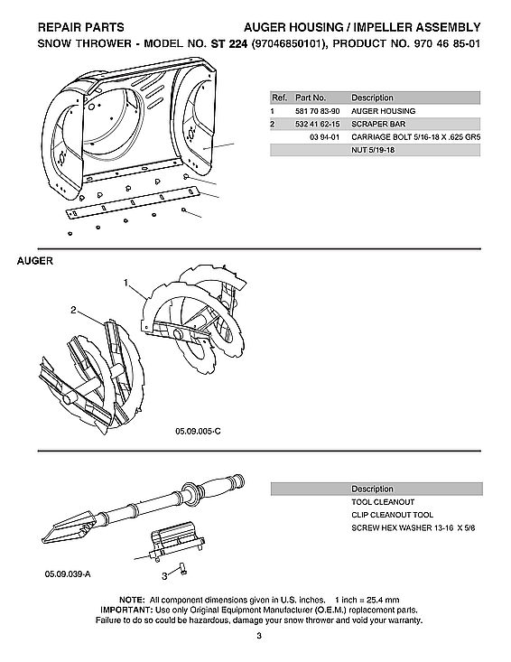 Husqvarna ST224-970528602 auger diagram