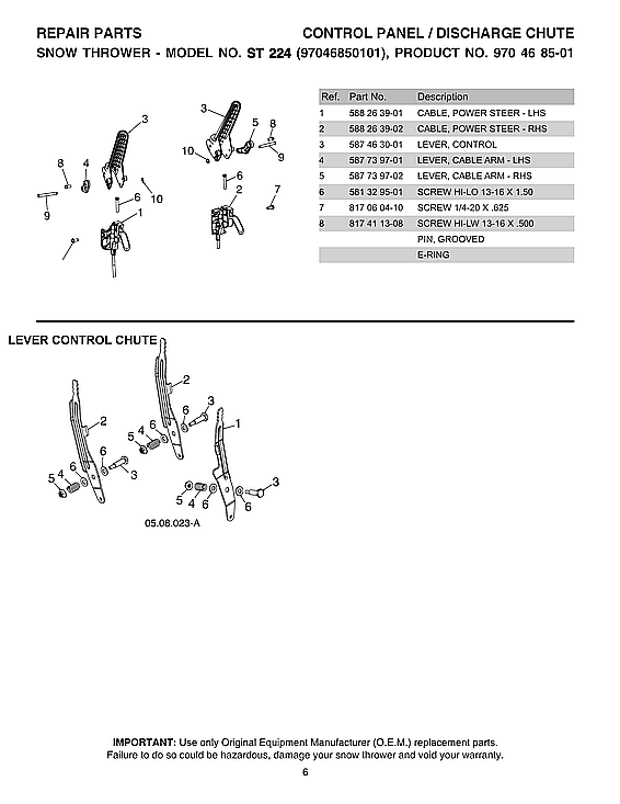 Husqvarna ST224-970528602 lever control chute diagram