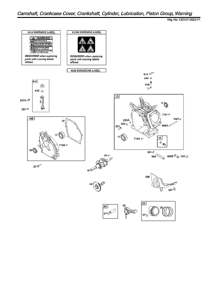 Briggs & Stratton 13D137-0023-F1 camshaft/crankshaft/cylinder/piston diagram