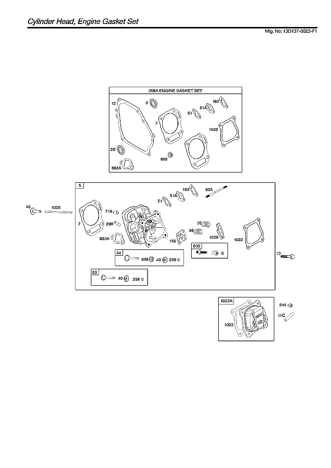 Briggs & Stratton 13D137-0023-F1 cylinder head/engine gasket set diagram