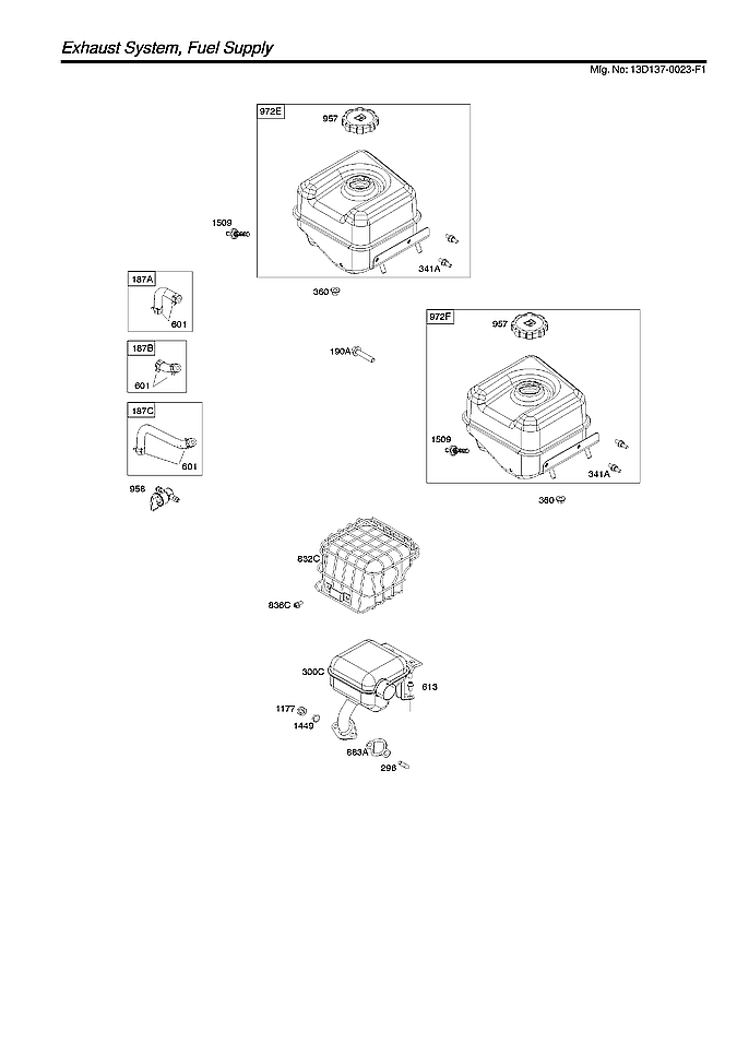 Briggs & Stratton 13D137-0023-F1 exhaust system/fuel supply diagram