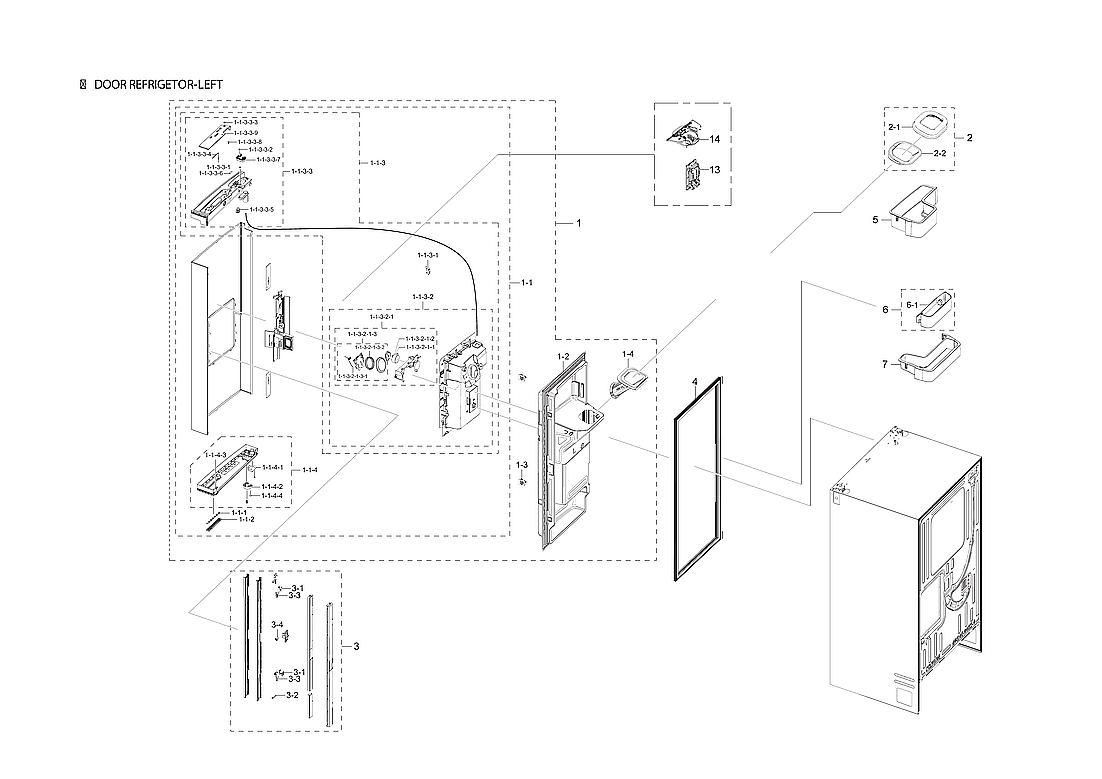 Samsung RF23R6201WW/AA-00 left refrigerator door parts diagram