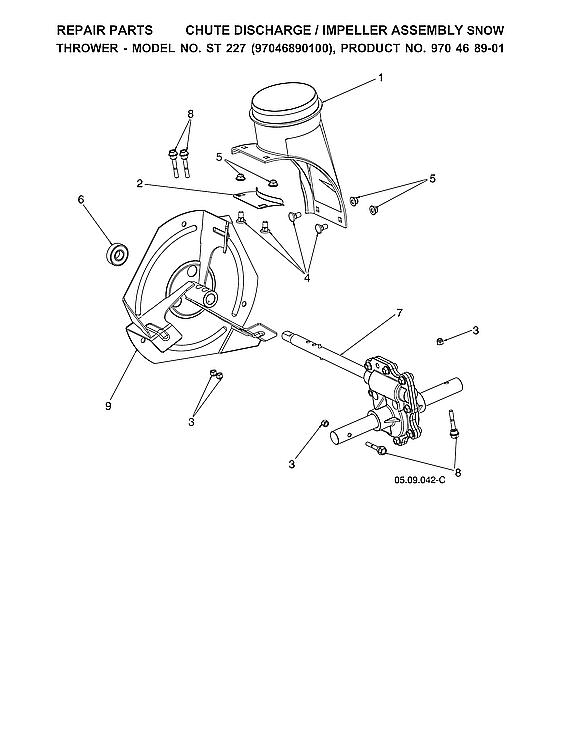 Husqvarna ST227-970528702 chute discharge/impeller assy diagram