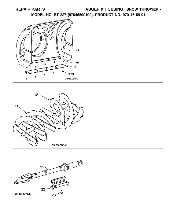 Husqvarna ST227-970528702 auger & housing diagram