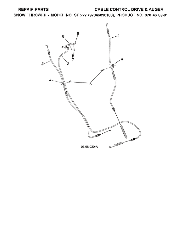 Husqvarna ST227-970528702 cable control drive & auger diagram