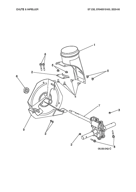 Husqvarna ST230-97046910100 chute & impeller diagram