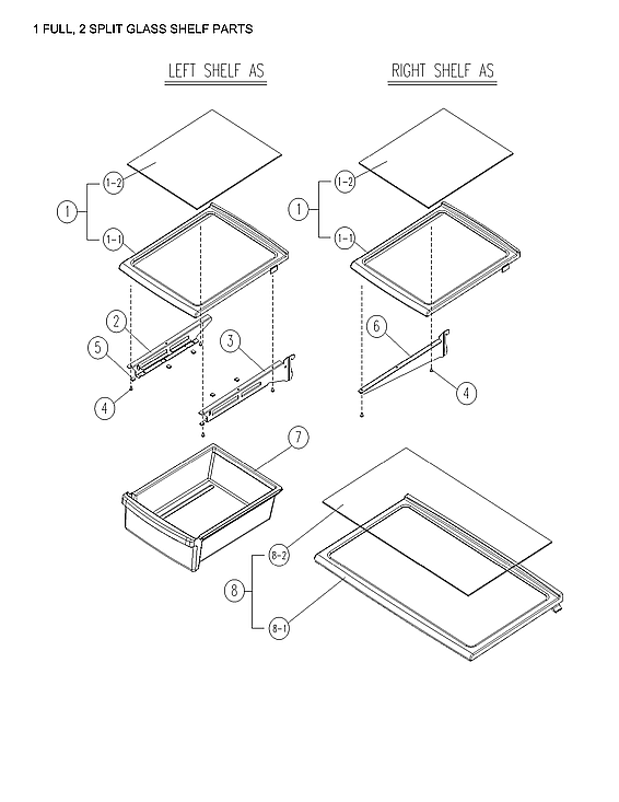 Criterion CTMR208WD1W "1 full, 2 split glass shelf parts" diagram