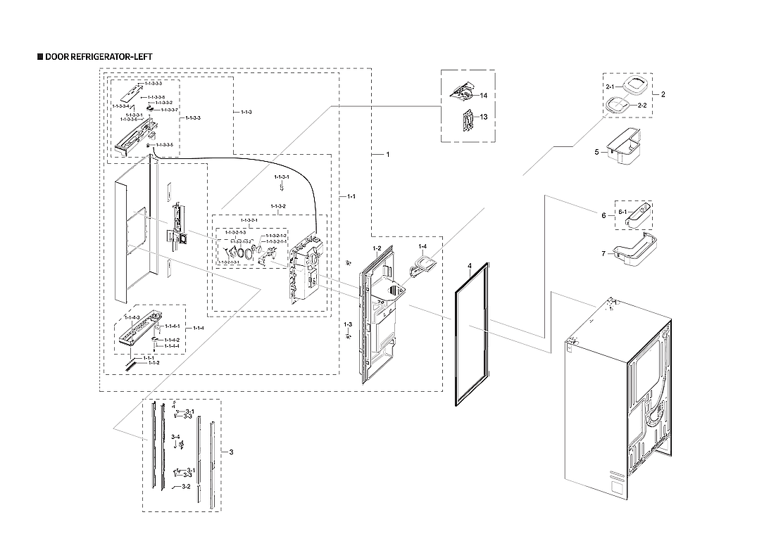 Samsung RF23R6201SR/AA-00 left refrigerator door parts diagram