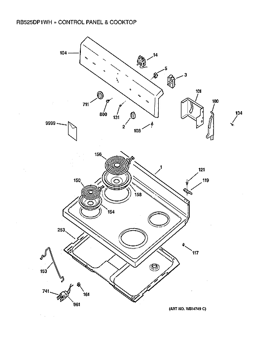 GE RB525DP1WH control panel & cooktop diagram