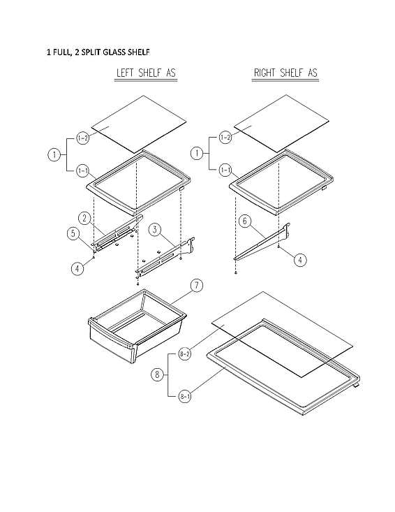 Kenmore 11161212614 1 full, 2 split glass shelf diagram