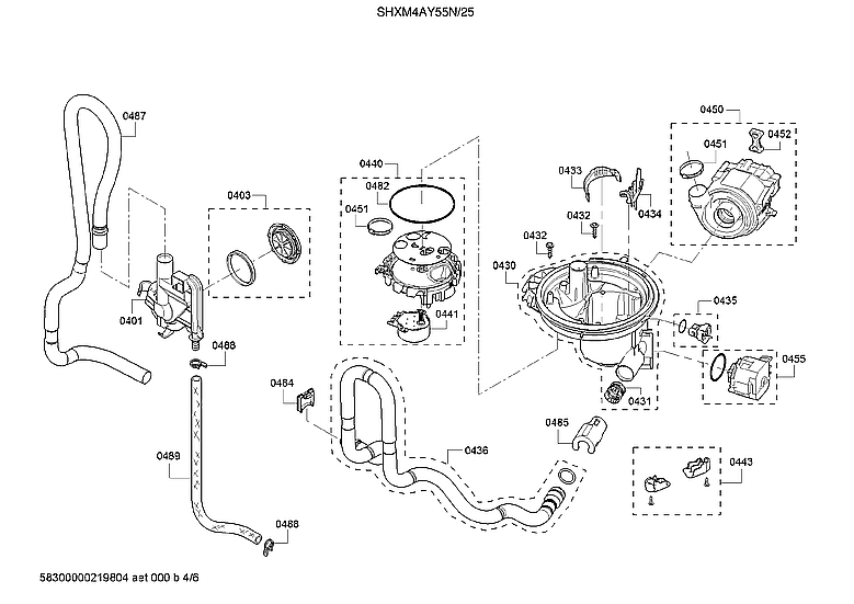 Bosch SHXM4AY55N/25 water inlet/sump/pump diagram