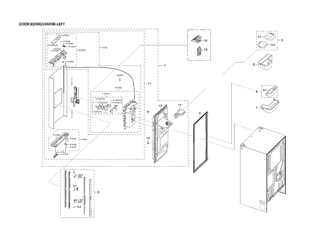 Samsung RF23R6201SR/AA-54 left refrigerator door parts diagram