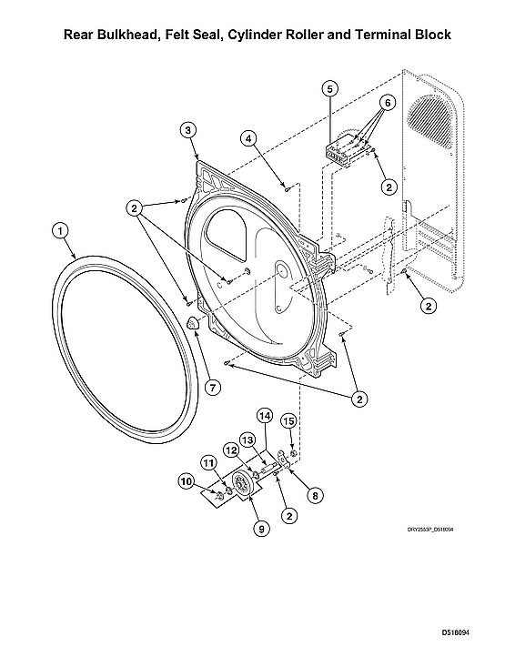 Speed Queen ADE3SRGS175TW01-START-S#2001000001 rear bulkhead/felt seal/cylinder roller/terminal block diagram