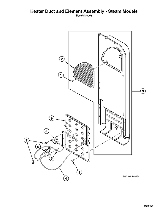 Speed Queen ADE3SRGS175TW01-START-S#2001000001 heater duct/element assy - steam models diagram