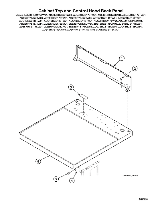 Speed Queen ADE4BRGS175TW01 START S#2001000001 cabinet top/control hood back panel diagram