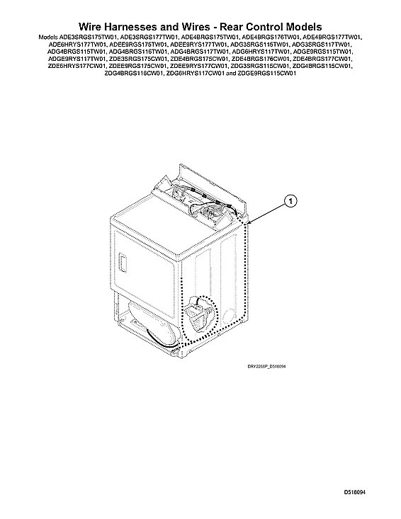 Speed Queen ADE4BRGS177TW01 START S#2001000001 wire harnesses & wires - rear control models diagram
