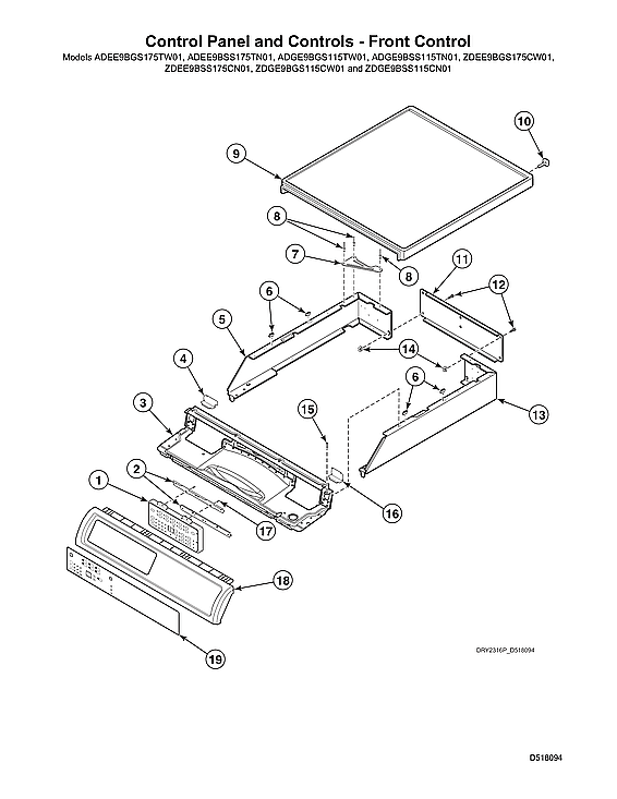 Speed Queen ADEE9BGS175TW01 START S#2001000001 control panel/front controls diagram