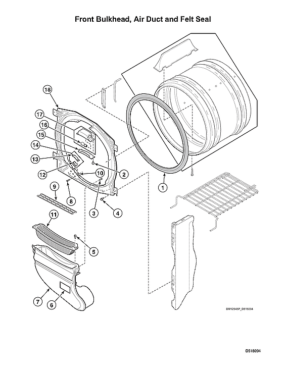 Speed Queen ADEE9BGS175TW01 START S#2001000001 front bulkhead/air duct/felt seal diagram