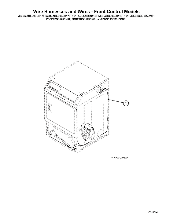 Speed Queen ADEE9BGS175TW01 START S#2001000001 wire harnesses & wires - front control models diagram