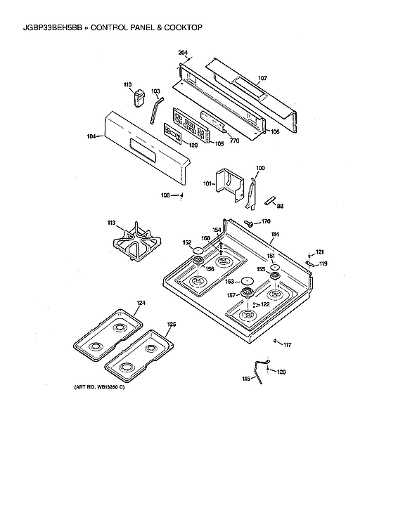 GE JGBP33BEH5BB control panel & cooktop parts diagram