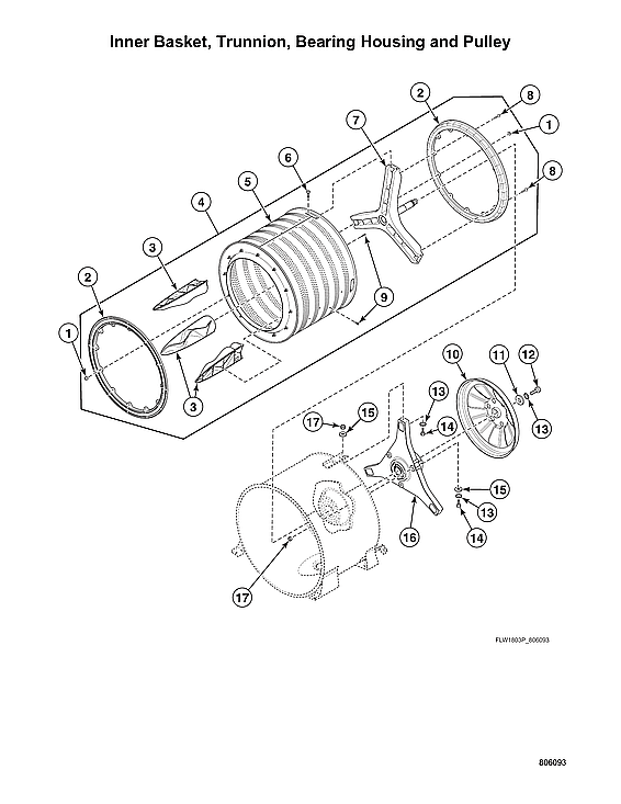 Speed Queen ATEE9ASP175TW01 inner basket/trunnion/bearing housing/pulley diagram