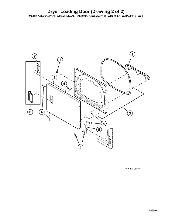 Speed Queen ATEE9ASP175TW01 dryer loading door-models atee9asp175tw01, atee9asp176tw01 diagram