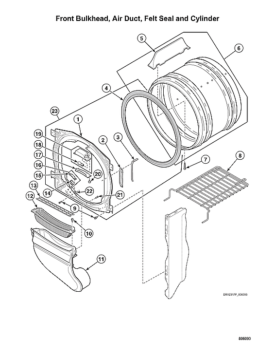Speed Queen ATEE9ASP175TW01 front bulkhead/air duct/felt seal/cylinder diagram