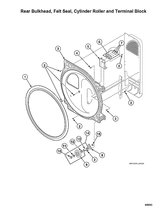 Speed Queen ATEE9ASP175TW01 rear bulkhead/felt seal/cylinder roller/terminal block diagram