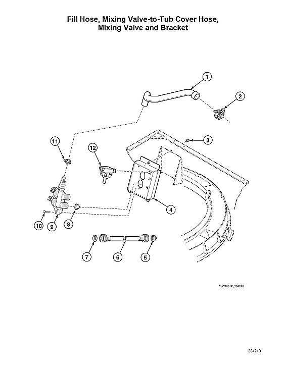 Speed Queen AWN43RSN116TW01 fill hose/mixing valve-to-tub cover hose/mixing valve/bracket diagram