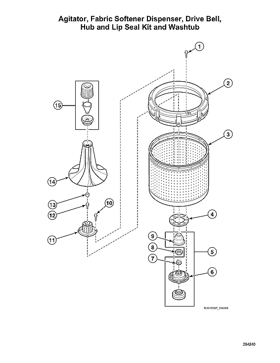 Speed Queen AWN43RSN116TW01 agitator/fabric softener dispenser/drive bell/hub/lip seal kit/washtub diagram