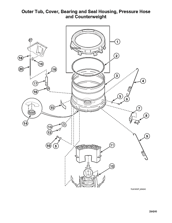 Speed Queen AWN43RSN116TW01 outer tub/cover/bearing/seal housing/pressure hose/counterweight diagram