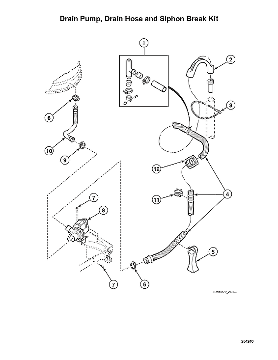 Speed Queen AWN43RSN116TW01 drain pump/drain hose/siphon break kit diagram